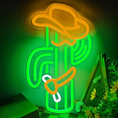Image of VIKLIU Cactus Neon Sign Cowboy Hat Cactus Neon Signs Dimmable Led Neon Signs for Wall Decor,Bedroom,Game Room,Living Room,Man Cave Kids Room Home Bar Party Shop Gift, Green,Yellow,White