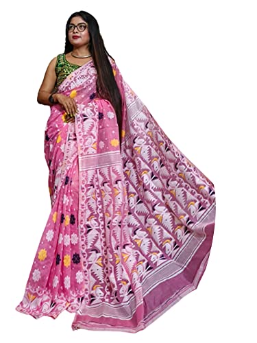 Sari indien femme musulmane en coton rose Dhakai Jamdani Phulkari 926d