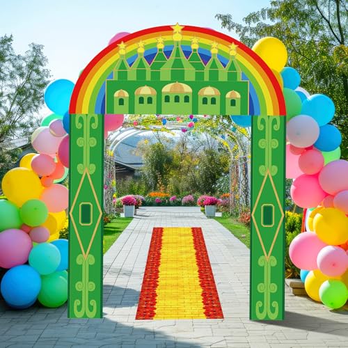 Image of Tingjoo 4 Pcs Green Castle Banner Yellow Brick Runner Entryway Party Decorations Emerald Backdrop Hanging Banner Yellow Brick Runner for Birthday Holiday Wizard Party