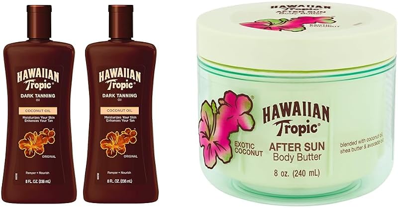 Hawaiian Tropic Óleo bronzeador Dark Tanning Oil e manteiga corporal pós-sol After Sun Body Butter, Pacote com 2 óleos de 237 mL e 1 manteiga de 237 mL