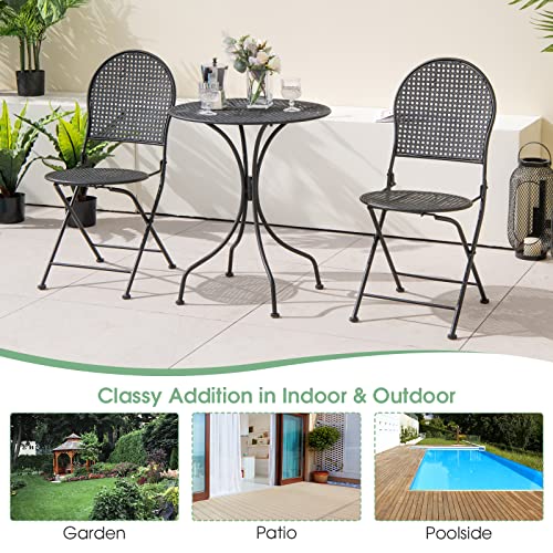 Giantex 3 Pieces Patio Bistro Set, Outdoor Dining Table Set For 2, 1 Round Table With 2 Folding Chairs, Rust-Resistant For Backyard, Patio, Porch, Garden, Backyard (Black) #TOP7