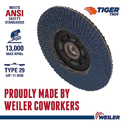 Image of Weiler 50007 Tiger 5 /8 inch-11 Arbor, 4-1 /2 inch Diameter, 60 Grit, Zirconium, Trimmable Composite Backing, Angled Abrasive Flap Disc