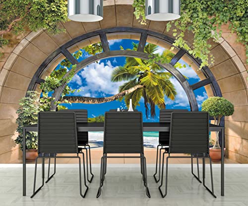 Flfk 3D Window Tropical Beach Palm Tree Peel And Stick Wall Murals Self-Adhesive Wallpaper Poster For Bedroom Living Room Interior Home Decoration 141.7X98.4 Inches #TOP1