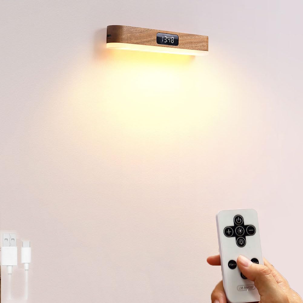 Aplique de pared LED táctil con reloj digital y lámparas para dormitorio sin taladro