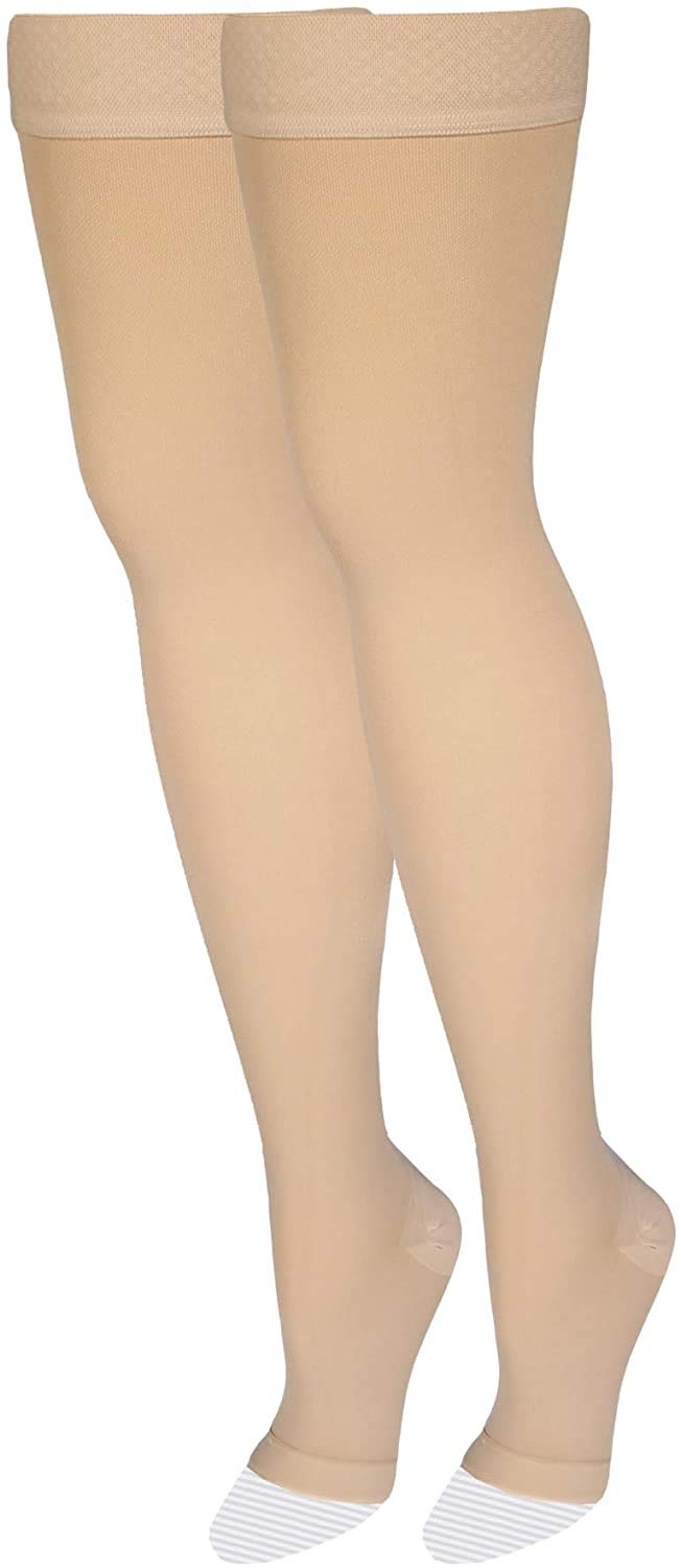 QUADA Compression Sock 30-40mmHg Thigh High Support Stockings Medical Relief Open Toe (Beige, L)-image-27