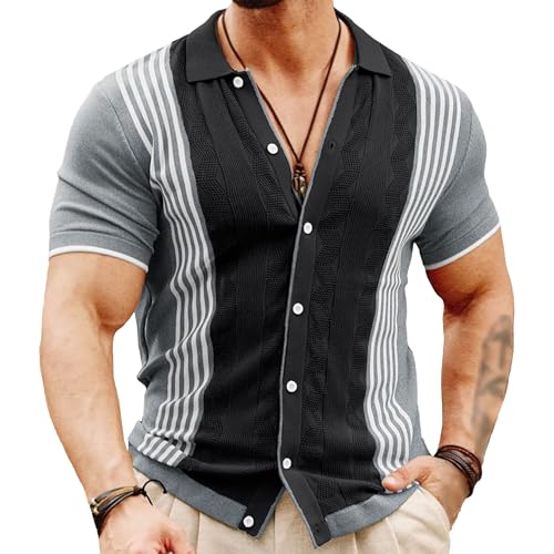 Mens Casual Knit Vintage Vacation Beach Shirt Cuban Collar Shirts Short Sleeve Hollow Out Beach Button Down Shirt (Black 3,3X-Large)