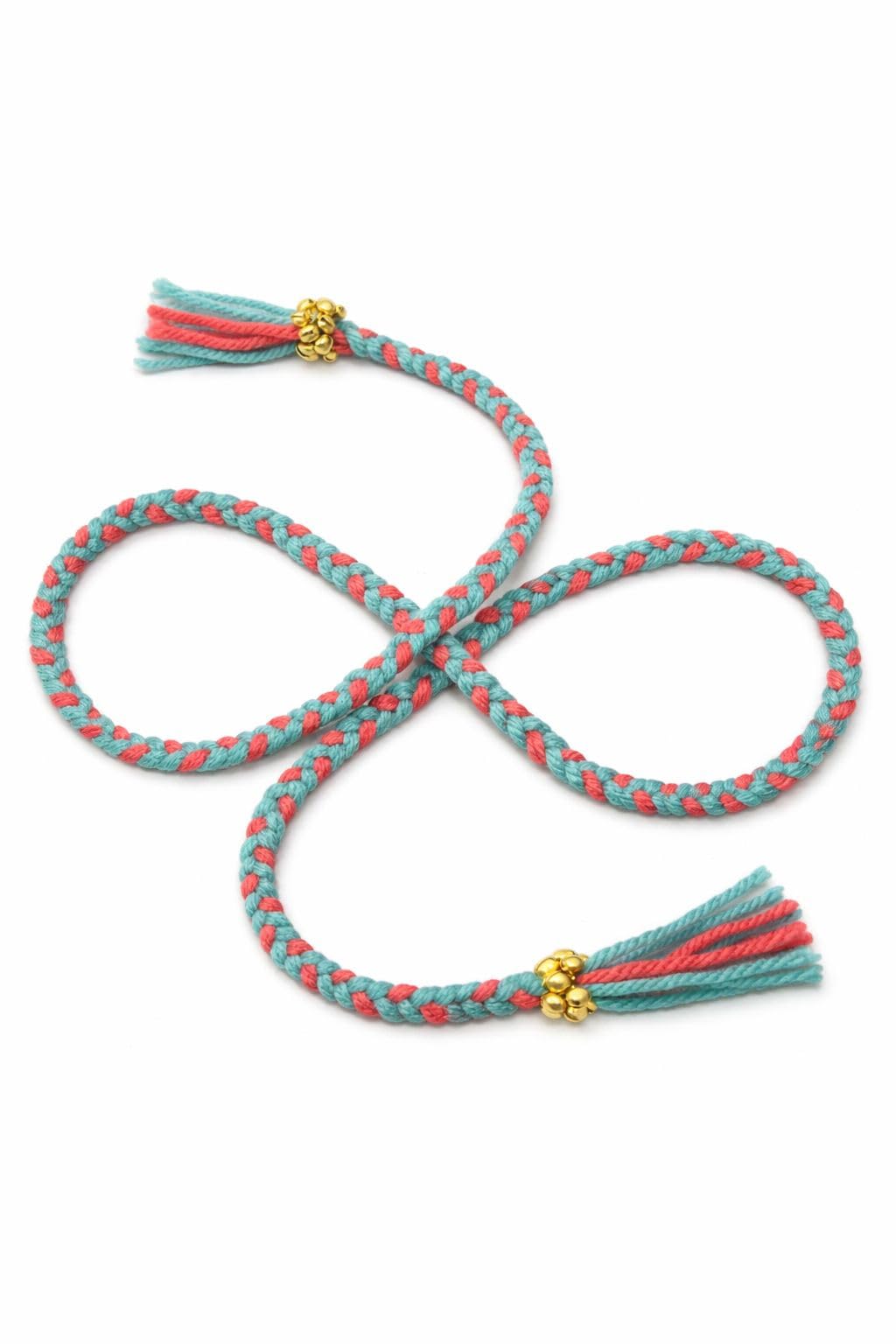 Hand made woolen thread Braided Belt, Turquoise and Coral, Tassel Ends with Gold Bells, Decorative Tie-image-18