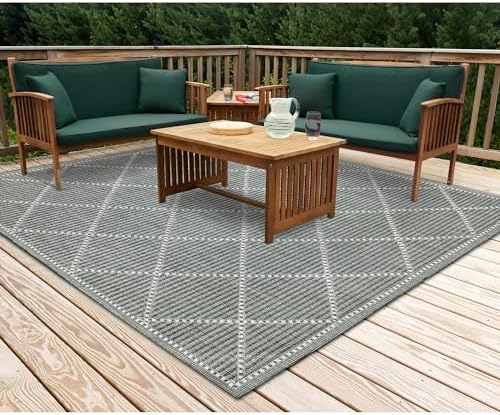 Liora Manne Malibu Indoor/Outdoor Power Loomed Synthetic Blend Low Profile Area Rug - Transitional Border Casual Colorful (Checker Diamond Green) (7'10" Square)