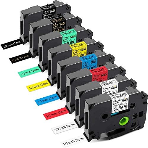 8 Pack P Touch Label Tape,TZe231 Tape 12mm 0.47 Inch Laminated Clear/White/Red/Blue/Yellow/Green,Gold/White on Black Compatible with Brother P-Touch Label Maker PT-D210 PT-H110 PT-D600 PT-1230PC,8m