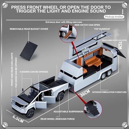 Image of 1:32 Tesla Cybertruck Pickup Truck Trailer Camper Toy Car Metal Pull Back Diecast Car with Openable Door and Sound Light, Gifts Toys for Kids【 Silver 】