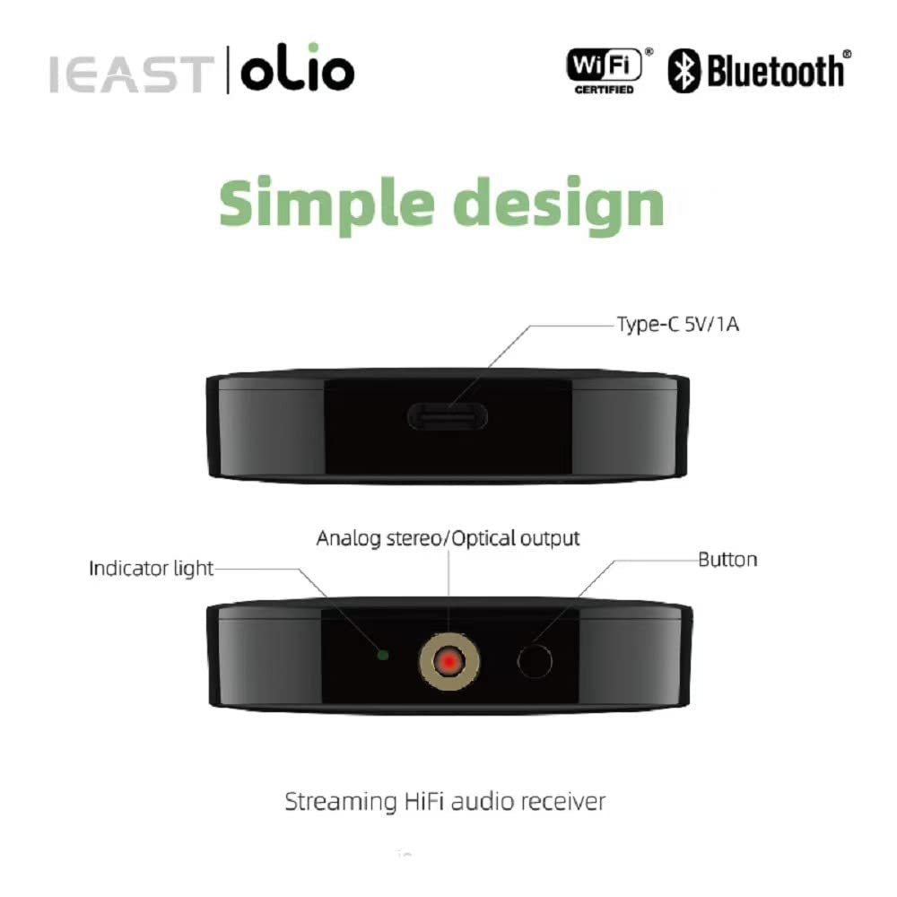 IEAST OLIO Audio Transmitter AirPlay 2 Receiver HiFi Wireless Multiroom Stereo Preamp Works with Siri and Alexa Voice Assistants, Hi-Res Audio Supporting, Dual WiFi, Bluetooth Supporting