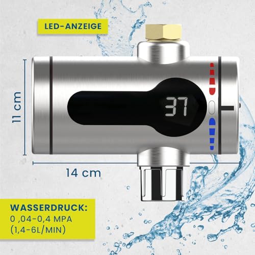 Hoberg Edelstahl Elektrischer Durchlauferhitzer | Leistungsstarke Heizspirale | LED-Temperaturanzeige | Flexibel einsetzbar im Garten, Werkstatt, Terrasse, Wohnwagen | Rostfrei & Robust
