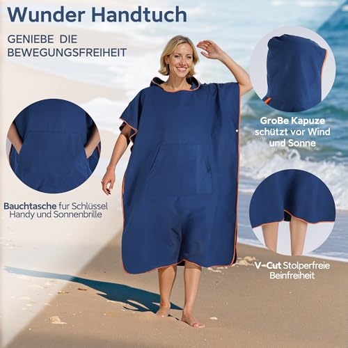 Pameil Badeponcho Damen& Herren,Poncho Handtuch,Mikrofaser-Surf Poncho, Badeponcho Handtuch, aus Mikrofaser auch als Umkleidehilfe Strand (Medium)