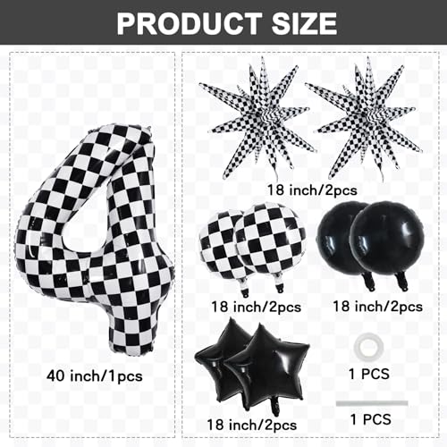 Image of TONIFUL 4th Birthday Balloons Kit 40 Inch Checkered Number 4 Foil Balloon