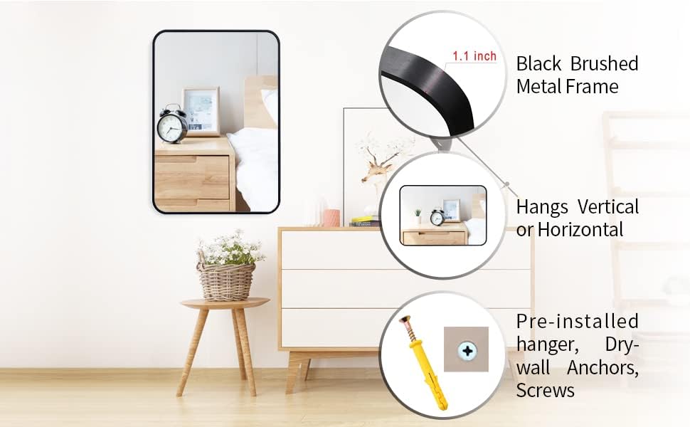 Miniatura 4 de Mlenervg Espejo de baño negro, marco de metal de aleación de aluminio de 22 x 30 pulgadas, montado en la pared con esquina redondeada para el hogar,
