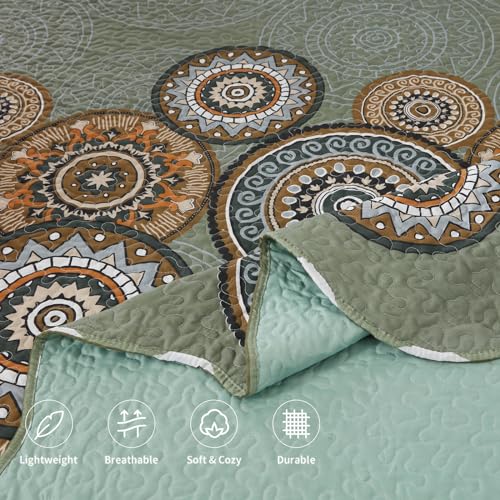 LEAONME 3 Pieces King Size Olive Green Quilt Set Lightweight Oversized Bedspread 98''x106'' Soft Microfiber Floral Coverlet Luxurious Warm Bed Cover for All Seasons (1 Quilt, 2 Pillow Shams)