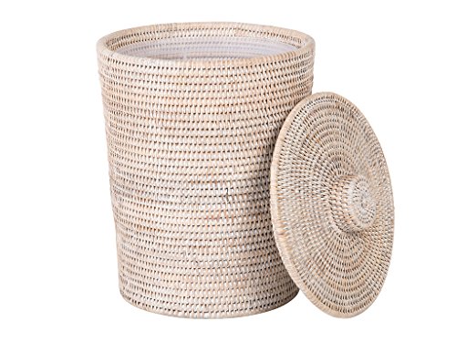 Kouboo La Jolla Rattan Round Plastic Insert & Lid, Large, White-Wash For Bedroom, Living Room And Bathroom Basket For Dry Or Organic Waste #TOP1