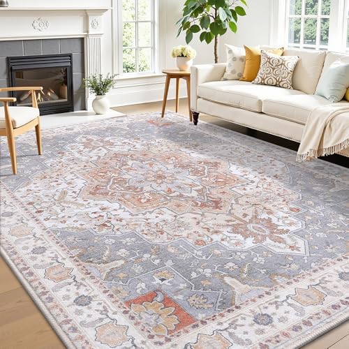 5x7 Area Rugs for Living Room, Bedroom - Machine Washable, Non-Slip Bedside Rug, Large Soft Floor Carpet for Office, Dining Room, Farmhouse and Home Decor, Artistic Flair/Beige