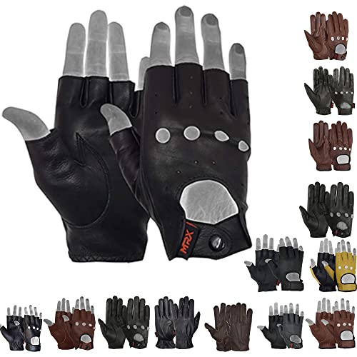 MRX BOXING & FITNESS Mens Driving Gloves Basic Soft Goat Leather Fingerless Breathable Biker Motorcycle Riding Cycling Shooting Button Gloves Half Finger, Black (Medium)