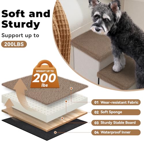 Image of Zerbuger Dog Stairs with Furry Lids 18 inch H, 3-Step Wider Dog Steps with Storage for Small /Medium /Large Old Dogs Cats, Folding Sturdy Pet Stairs Climbing Bed Couch, Ramp for Car Up to 200 lbs, Khaki