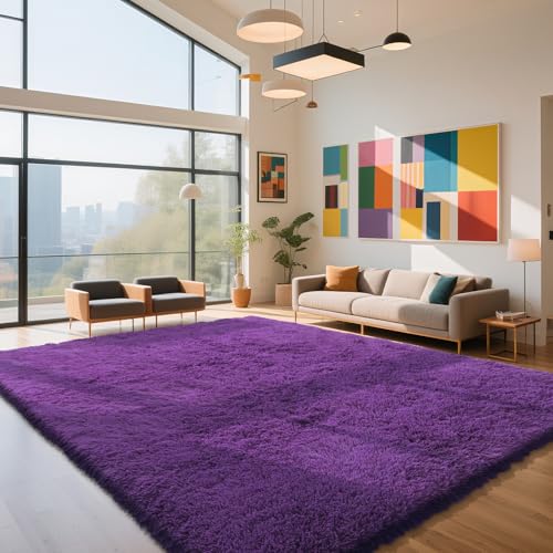 Purple Fluffy Rug Shaggy Area Rug, 8x10 Area Rugs for Girls Bedroom, Big Soft Shaggy Bedside Non-Slip Plush Dorm Nursery Kids Carpet Home Decor Aesthetic