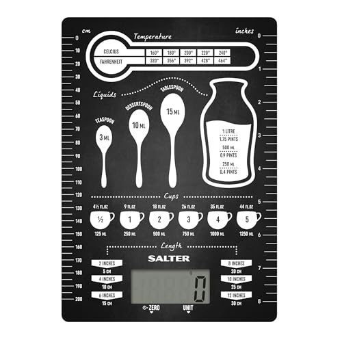 Salter 1171 CNDR Premium Kitchen Scale - Conversion Table Print, 5 Kg Maximum Capacity, Ultra Slim Glass Platform, Add & Weigh/Tare Function for Food and Liquids, Includes Measuring Guides & Diagrams