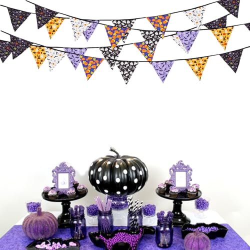 Image of Zwiebeco 32Ft Black Orange Purple Halloween Pennant Banner Triangle Flags Fabric Bunting Garland Cotton Flag for Halloween Birthday Wedding Party Home Garden Outdoor Decorations