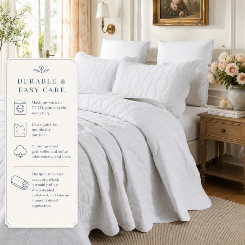 Brandream Luxury King Quilt Set Cotton Romantic White Bow Quilts Hand-Finished Scalloped Edge Quilts Cottagecore Bedding 3-Piece by Brandream - Image 8