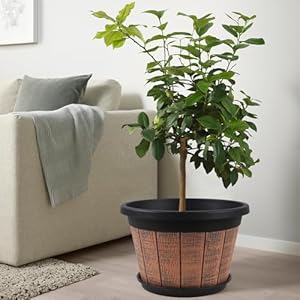 Quarut Large 4 Pack 16 inch Plant PotsWhiskey Barrel Planters with Drainage Holes SaucerPlastic Decoration Flower Pots Retro DesignPlanters for Outdoor Indoor Garden Balcony Plants Brown