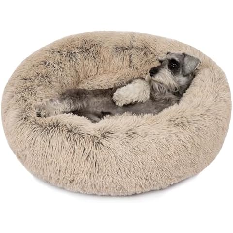 Friends Forever Donut Dog Bed Faux Fur Fluffy Calming Sofa For Medium Dogs, Soft & Plush Anti Anxiety Pet Couch For Dogs, Machine Washable Coco Pet Bed with Non-Slip Bottom, 30"x30"x7" Tan Cover