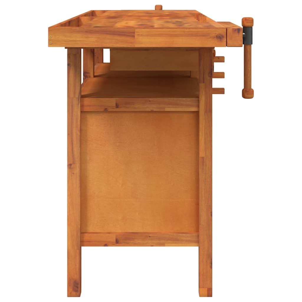 Banco da lavoro in legno di acacia massiccio con cassetti e viti da 162 x 62 x 83 cm, piano di lavoro stabile, per officina, garage, sala hobby, con molto spazio e porta attrezzi