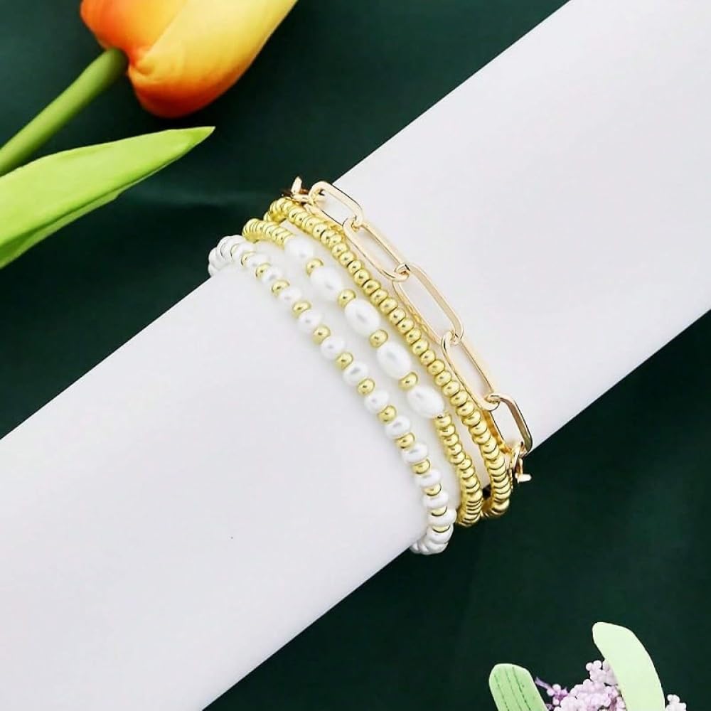 4Pcs Stack Gold Plated Seed Bead Bracelets Set for Women,Elegant Dainty Trendy Paperclip Link Chain Freshwater Pearl Stretch Accessories Ball Jewelry,Daily Friendship Gift - Image 3