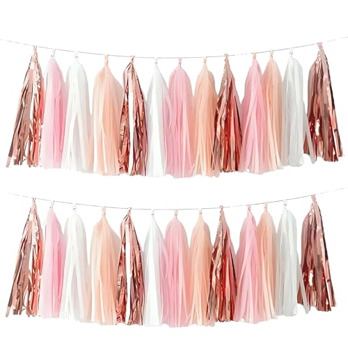 AimtoHome Rose Gold Peach White Pink Tassel Garland Banner 20 Pack Tassel Garland Party Decorations for Birthday Boho Music Festival Baby Shower Bridal Wedding