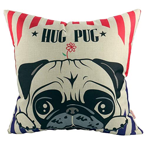 Luxbon Lovely Hug Pug Dog Linen Throw Pillow Cover Sofa Couch Chair Bedroom Decorative Adorable Puppy Pet Dog Animal Decor Cushion Cover 18 x 18/45X45cm
