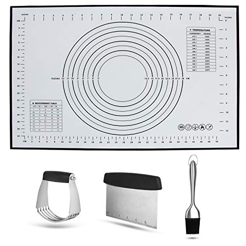 Tonsiki 4 Pieces Stainless Steel Pastry Cutter Set, Including Pastry Blender, Dough Scraper, Pastry Brush, Silicone Baking Mat for Kitchen Baking Tools