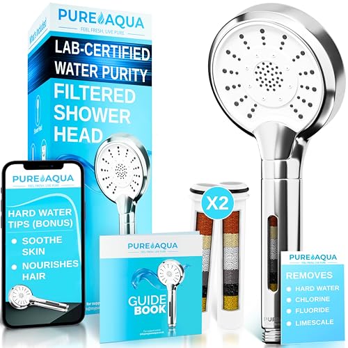 PUREAQUA 10 Power Stage Hard Water Filter Shower Head (Soothes Skin & Hair) | X2 Filters (1 Year+) | 3 Spray Settings | Water Softener Shower Head | High Pressure Shower Heads | Shower Filter UK Brand