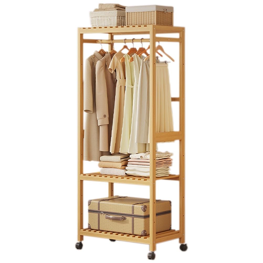 Porte-vêtements en bambou avec armoire ouverte et support de rangement