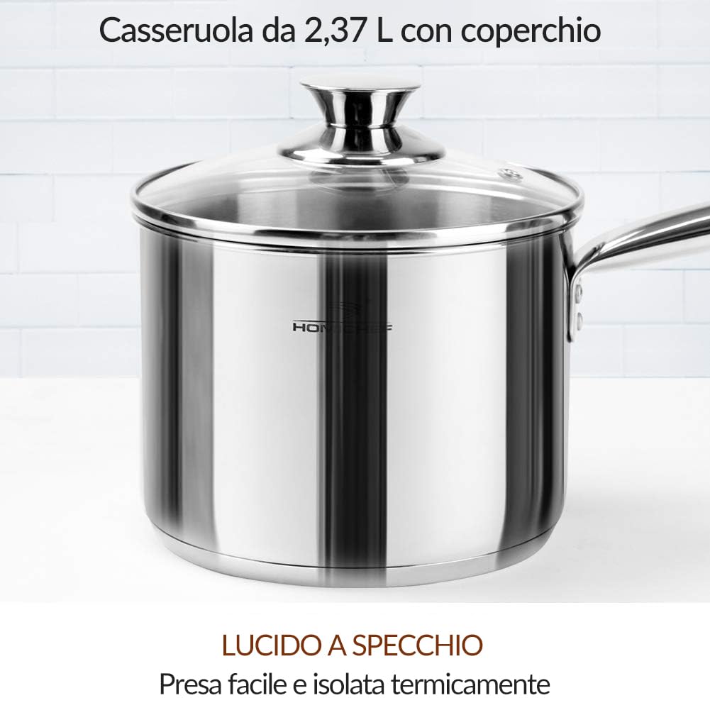 HOMICHEF Set di pentole e padelle in acciaio inox senza nichel, 14 pezzi, atossiche e salutari a induzione