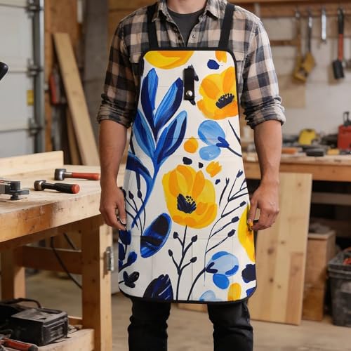 Delantal para trabajo con flores amarillas y azules y 8 bolsillos miniatura 5