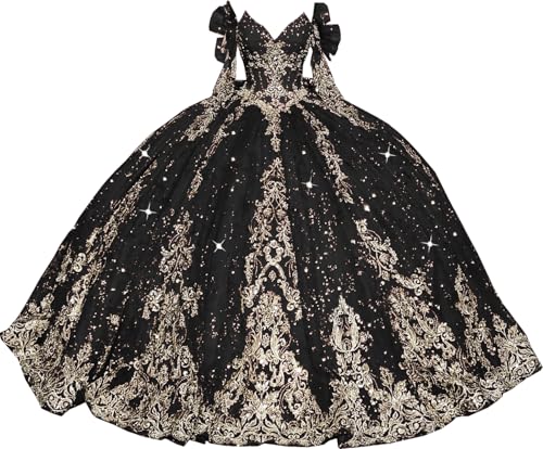 Gold Appliques Quinceanera Dress with Sleeves Shiny Beaded Sweet 15 16 Dress with Bow Glitter Puffy Ball Gown SE041