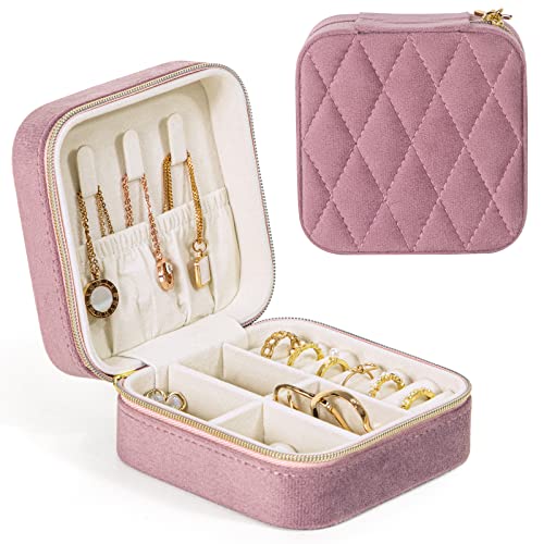 KAMIER Small Jewelry Box for Women, PU Leather Organizer for Earrings, Rings, Necklaces, Cute Travel Jewellery Box for Women, Men, and Girls, Pink