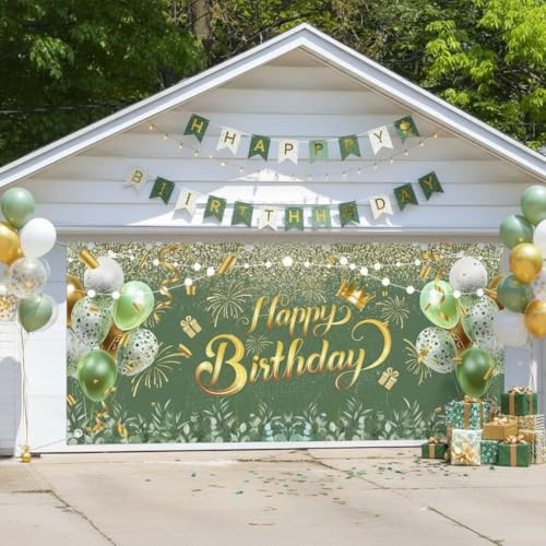BSRAMZ Greenery Sage Green Happy Birthday Garage Door Decorations 13X6FT Art Deco Vinyl Rectangular Green