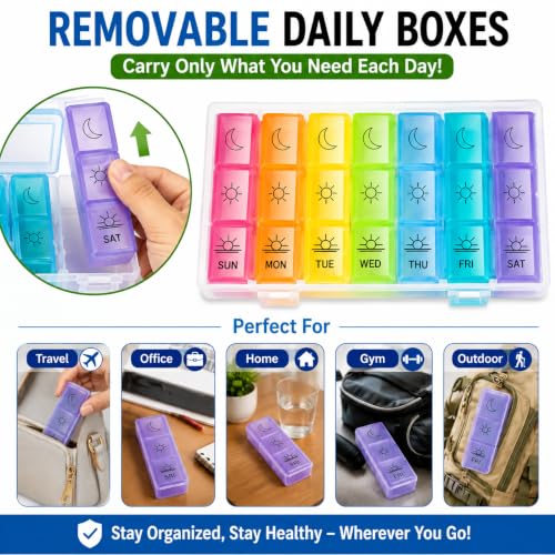 Image of Zollyss Weekly Pill Organizer 3 Times a Day, 7 Day Pill Box with 21 Compartments, BPA Free Medicine Organizer Box, Portable Travel Tablet Case for Vitamins, Supplements & Medication, Multicolor