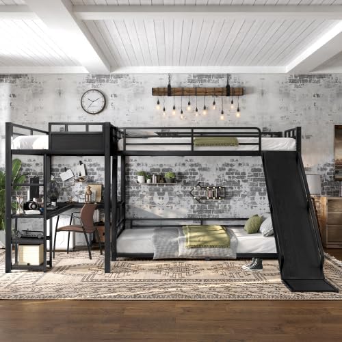 L-Shaped Metal Triple Bunk Bed with Slide, Full XL Over Queen with Twin XL Loft Bed, Built-in Desk & Storage Shelves, Space Saving Bunk Bed for Kids Teens Bedroom Dorm, Black