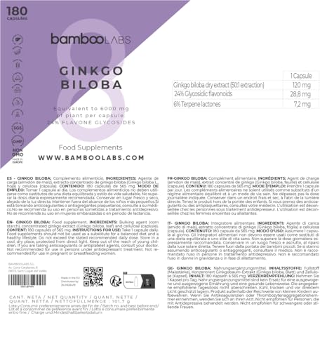 Bamboo Labs - Ginkgo Biloba 6000 mg, 100% Naturales con 24% Flavonoides y 6% Terpenos, Ginko Biloba Capsulas es un Potente Antioxidante que Mejora la Memoria y la Concentración - 180 Cápsulas