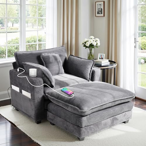 Gexpusm Oversized Chaise Lounge Chair Indoor with Ottoman,Corduroy Sofa Chair with Storage Deep Seat Sofa,Chairs and Ottoman Set with USB Port & Cup Holders,Couch Sofas for Living Room (Grey)