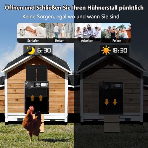 Aluminum Automatische Hühnerklappe Batterie, MASTERFUN Elektrische Hühnerklappe Automatisch Hühnertür mit Wasserdicht Großes Display, Timer, Manuelle, Intelligenter Einklemmschutz