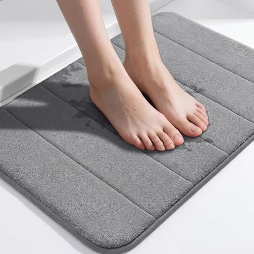 Flamingo P Non Slip Memory Foam Bath Mat Rug Fast Drying Soft Bathroom Shower Mats Rugs, 24x17 Inches, Grey