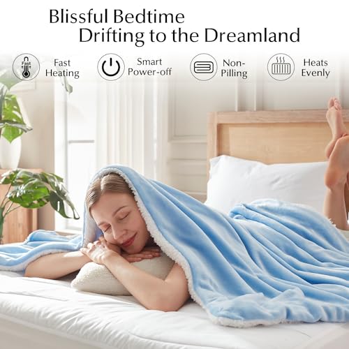 Electric Heated Blanket Throw Size, Soft and Cozy Thickened Flannel and Sherpa Electric Blanket for Bed, Automatic Safety System 6 Heating Levels & 10 Hours Auto-Off, 50"x60" Ice Blue