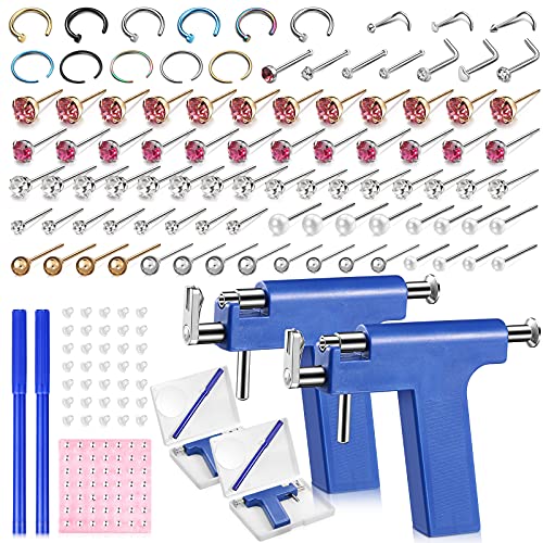 158 Pieces Nose Ear Piercing Tool Kit Disposable Nose Piercing Tool Body Ear Nose Navel Piercing Machine Ear Piercing Machine Stainless Steel Body Hole Piercing Stud Earrings for Salon Home Women